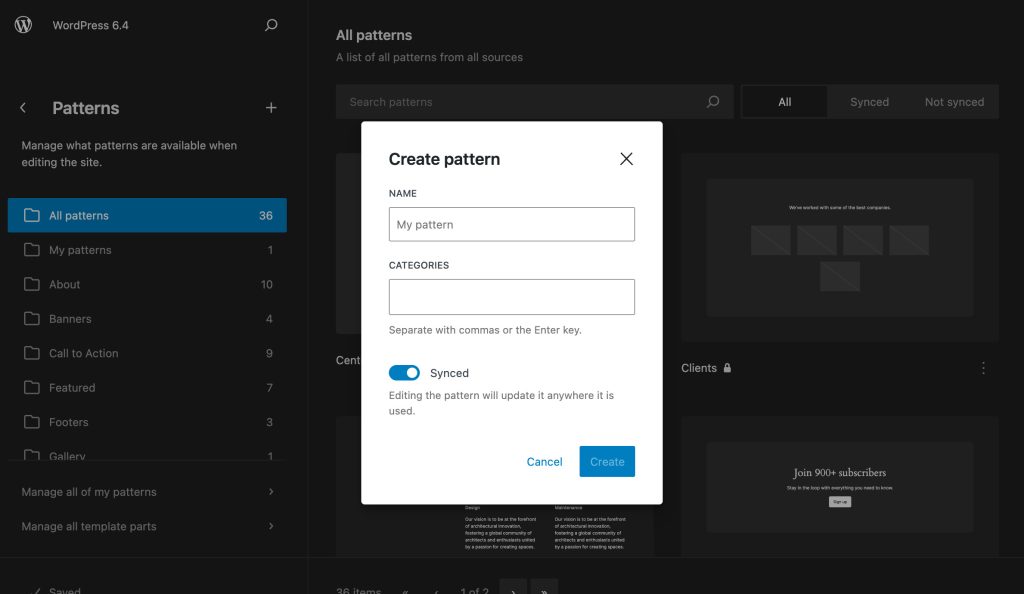 Create Pattern | WordPress 6.4