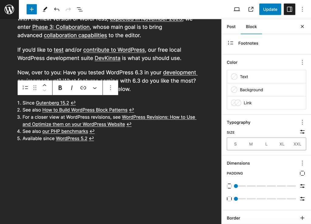 Footnotes Block | WordPress 6.4