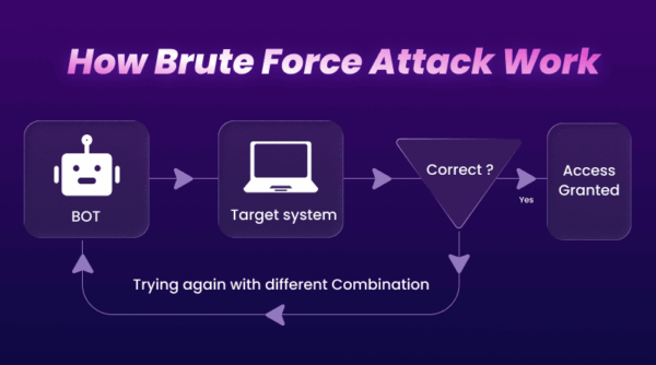 Brute-force attack flowchart showing a bot repeatedly trying combinations until access is granted.
