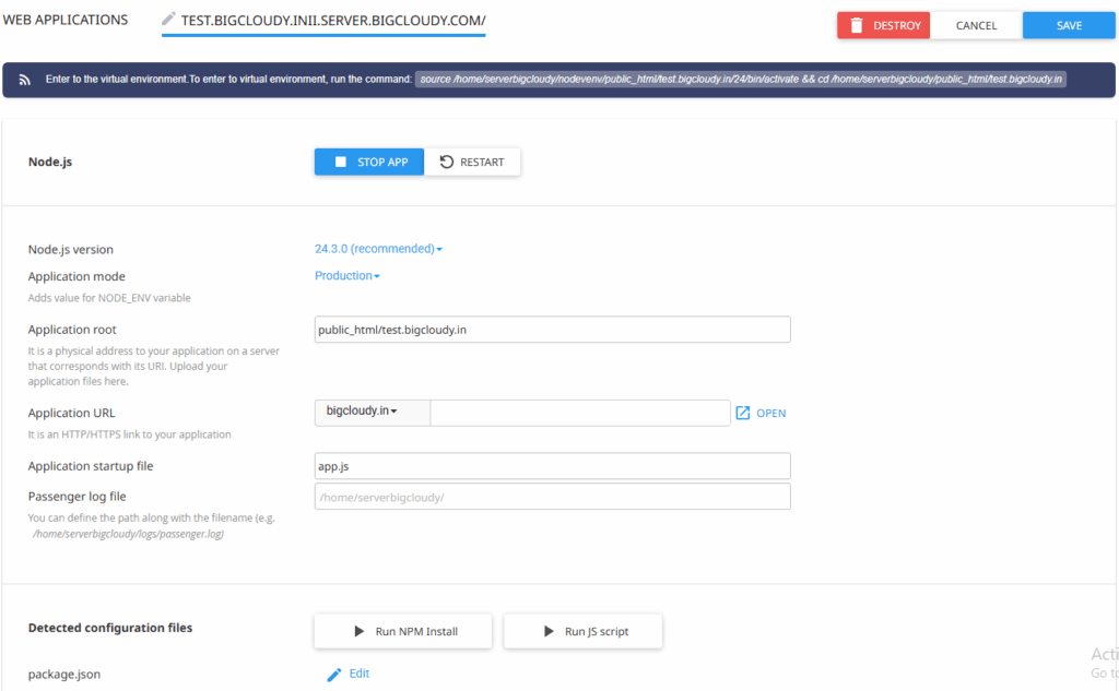 node.js hosting setup bigcloudy