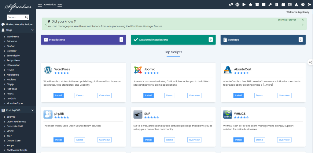 Softaculous Apps Installer option displayed in cPanel dashboard