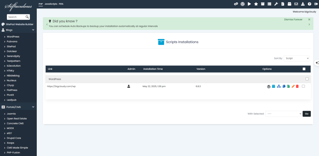Softaculous Apps Installer option displayed in cPanel dashboard