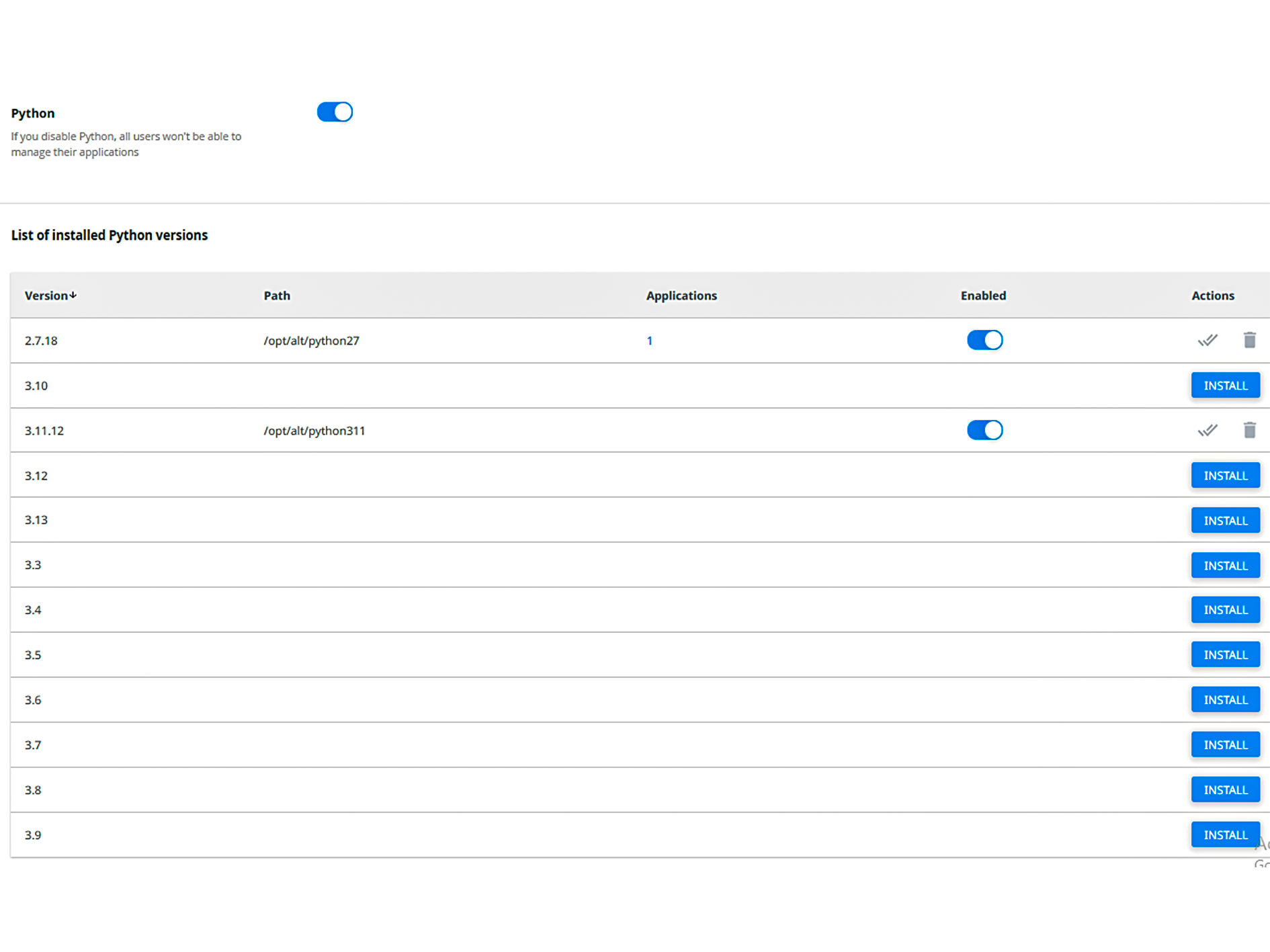 List of available Python versions displayed in cPanel under the Python application setup interface