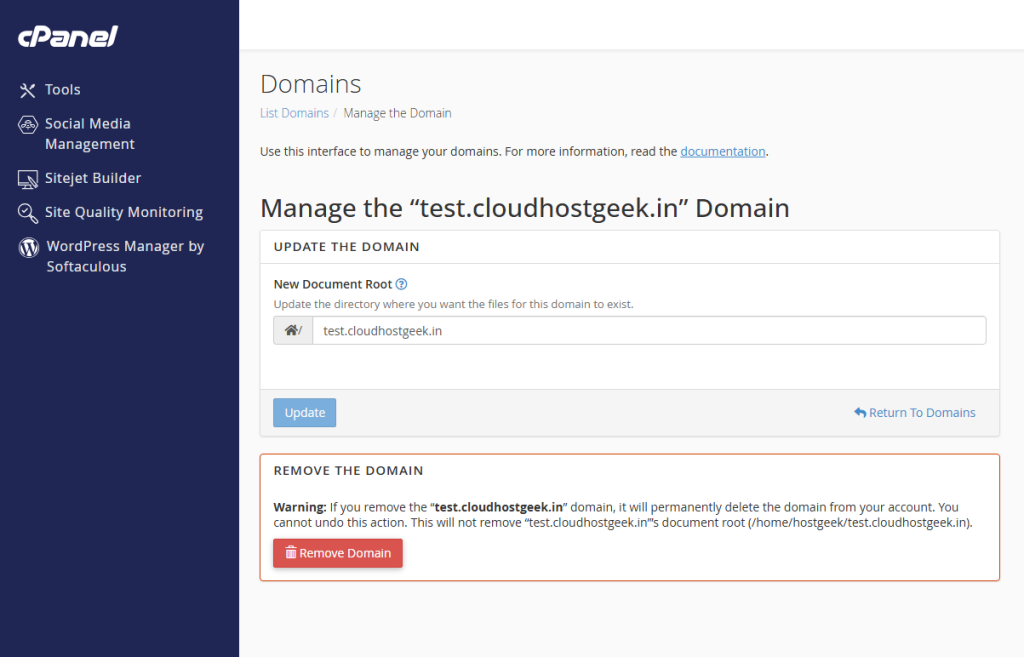 Delete and cPanel Dashboard
